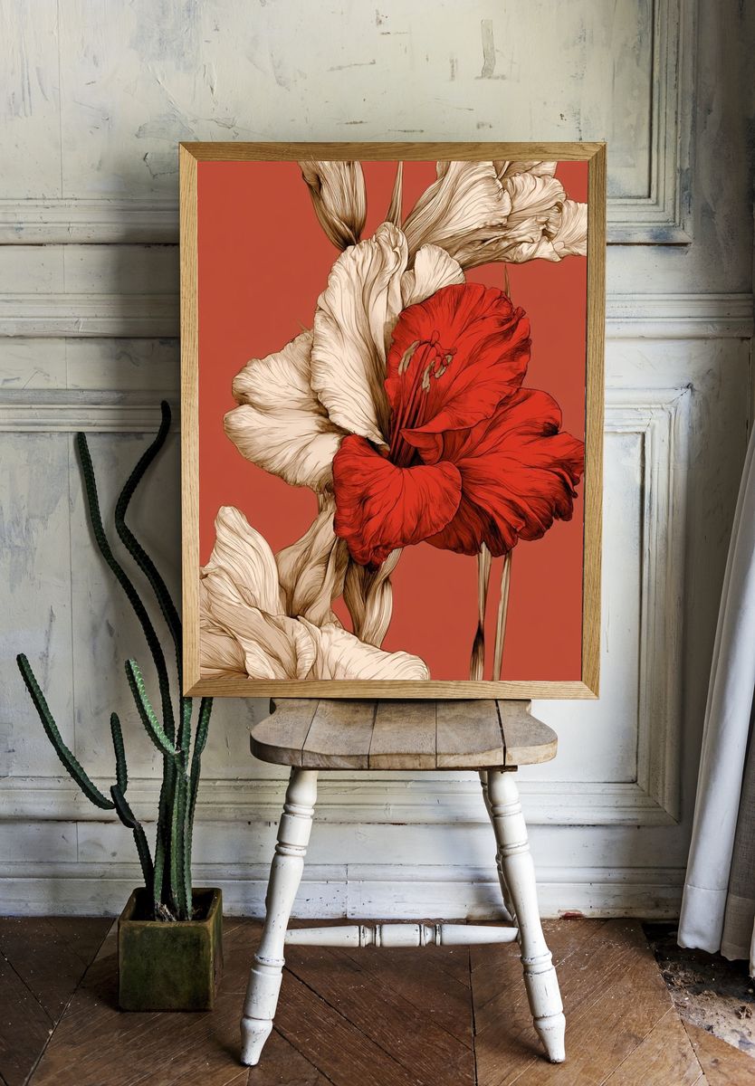 Red Gladiolus Botanical Print. — room view 1