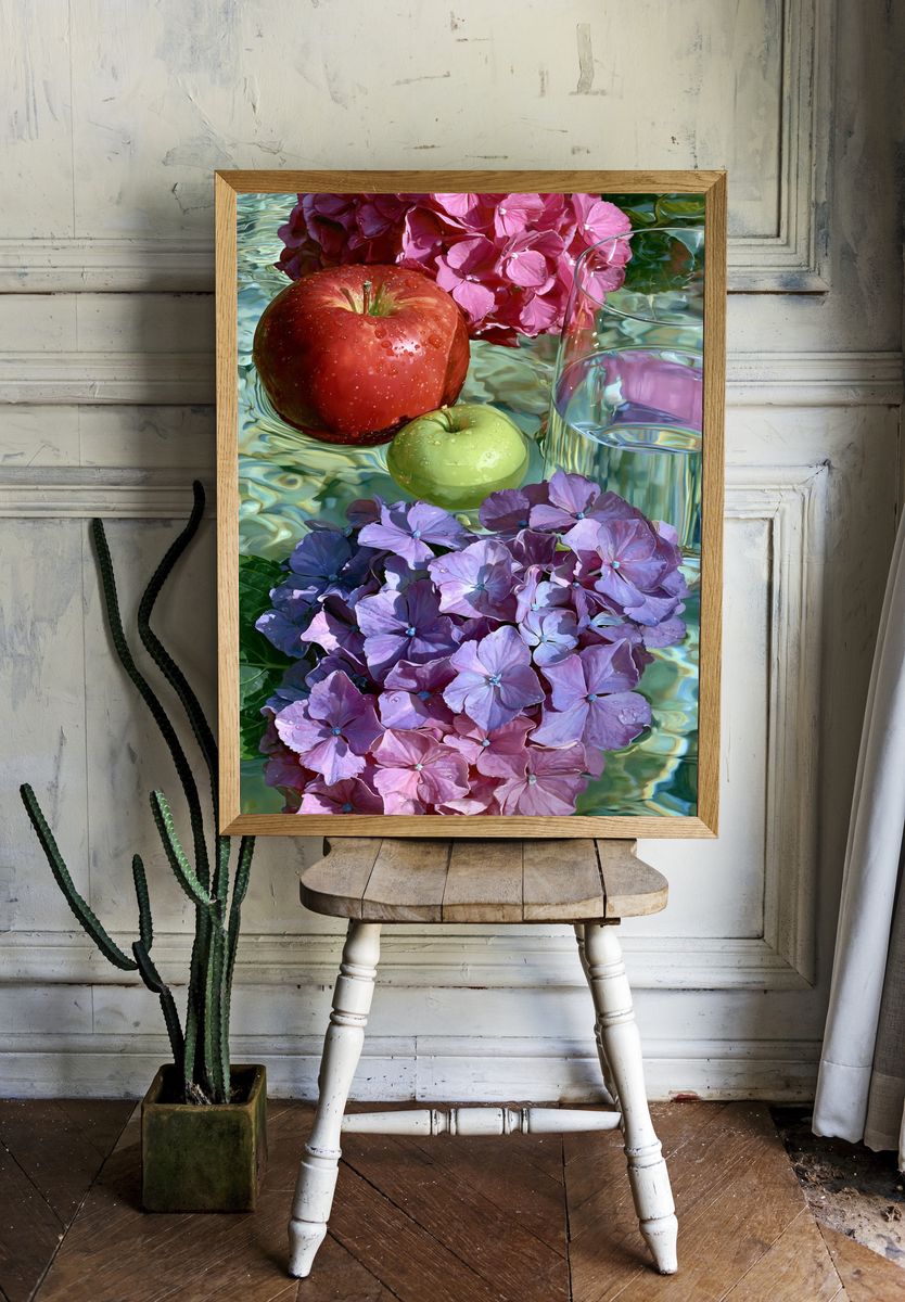 Hydrangeas and Apples Botanical Print. — room view 1