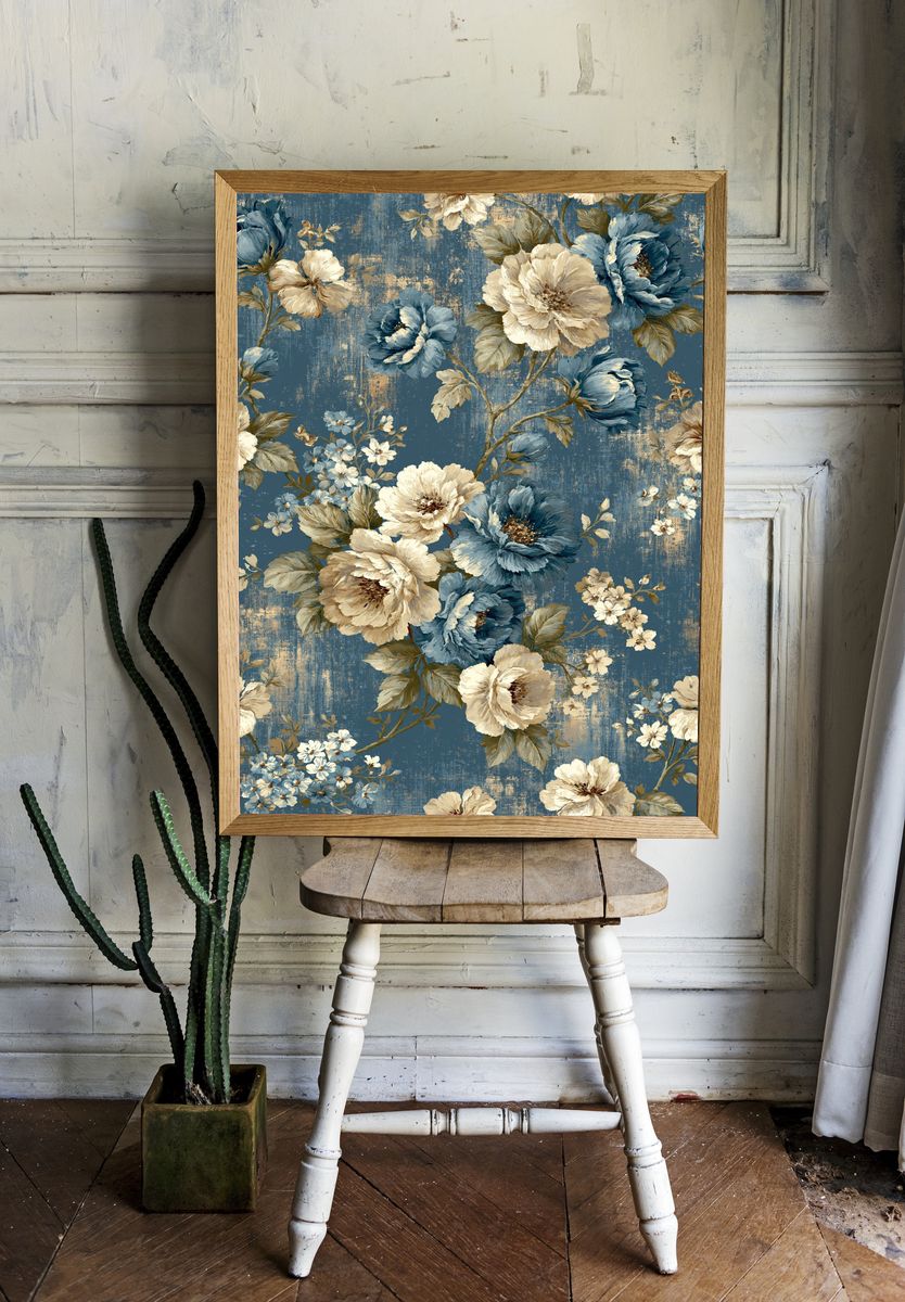 Blue Floral Vintage Poster. — room view 1