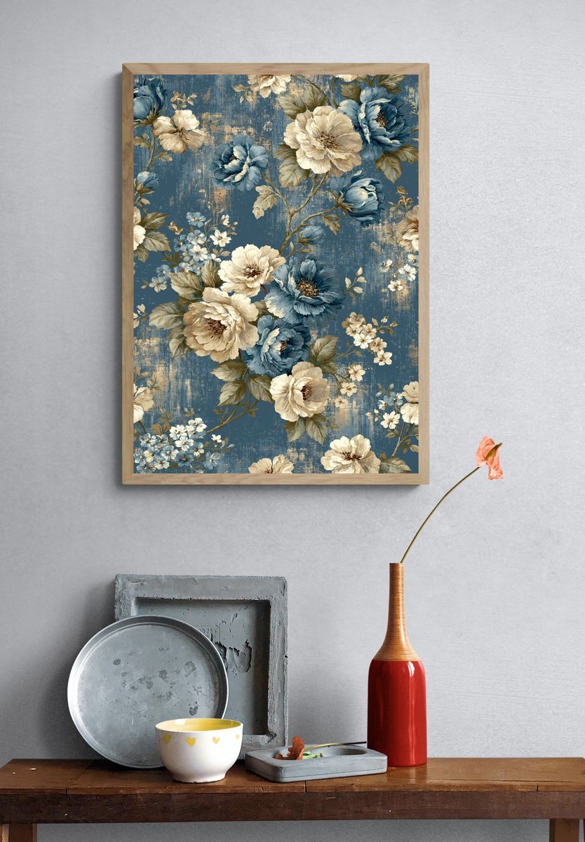 Blue Floral Vintage Poster. — room view 3
