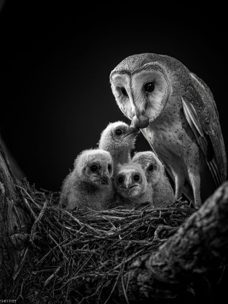 Barn Owl Family Black-White Poster. poster detail