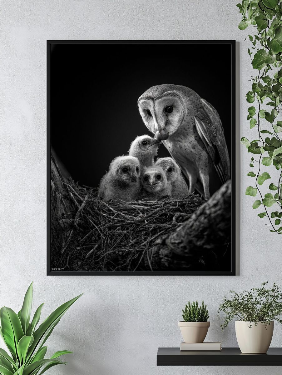 Barn Owl Family Black-White Poster. — room view 4