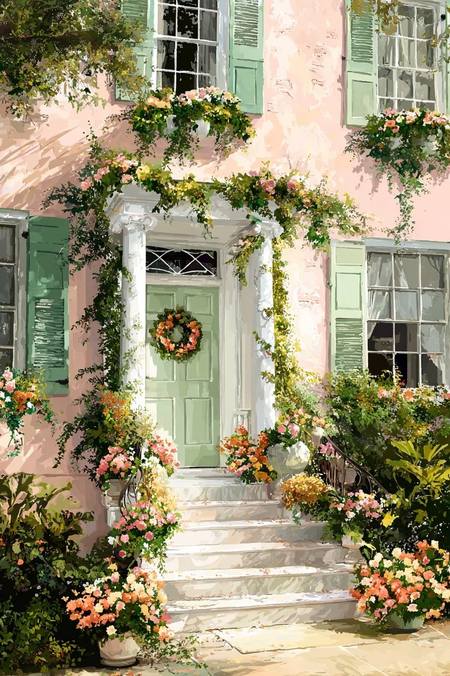 Charming Pink House with Flowers — Botanical Print. poster — botanical art
