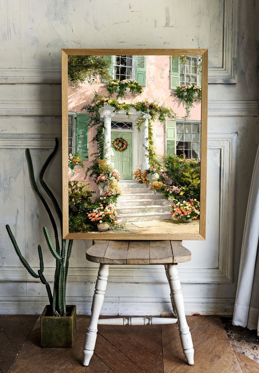 Charming Pink House with Flowers — Botanical Print. room preview