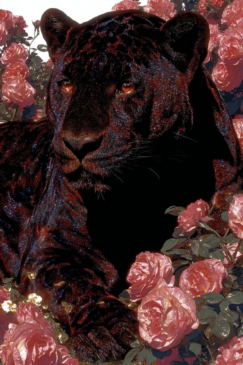 Black Panther Among Roses — Art Print. poster — animals art