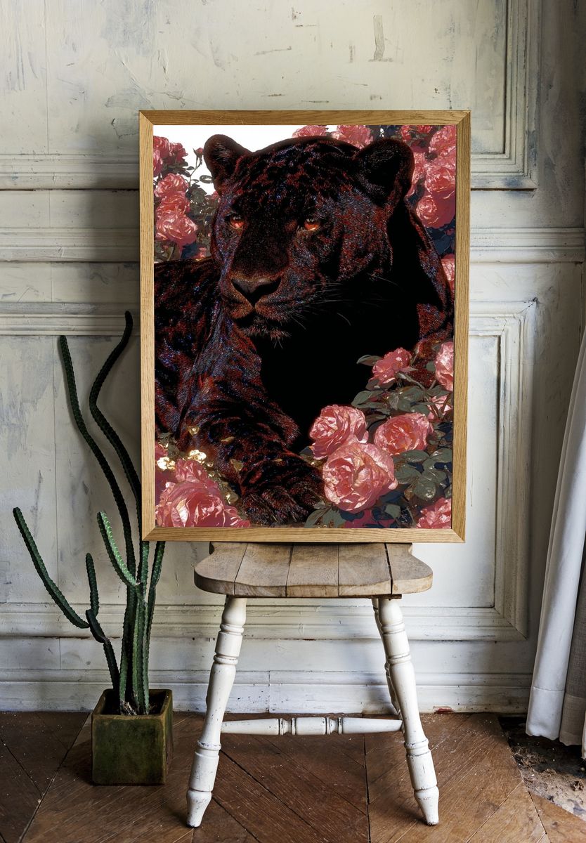 Black Panther Among Roses — Art Print. — room view 1