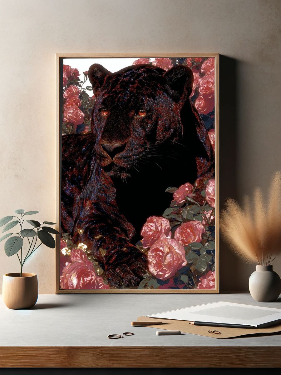 Black Panther Among Roses — Art Print. — room view 2