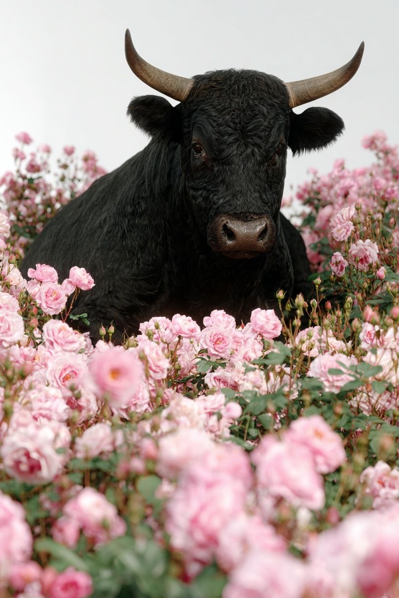 Black Bull in Pink Roses Poster. poster detail