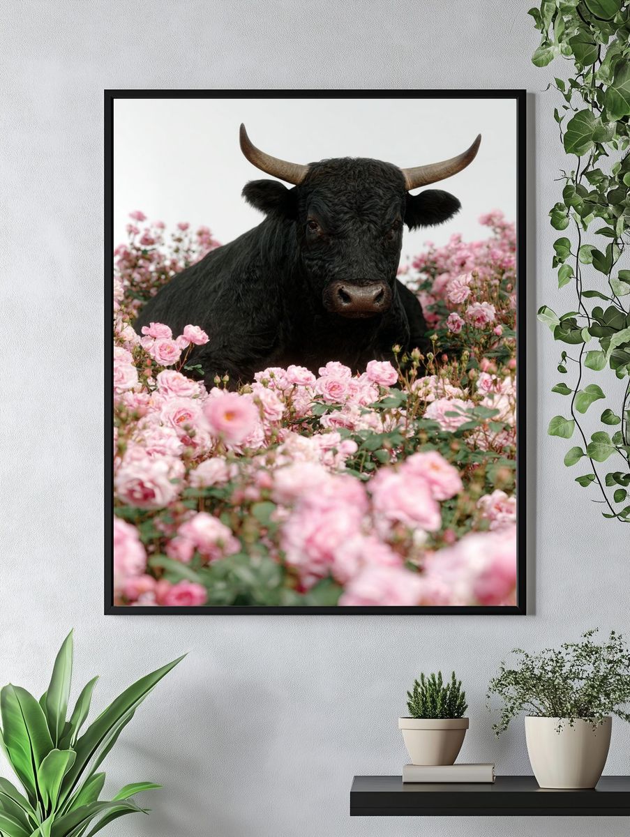 Black Bull in Pink Roses Poster. — room view 4