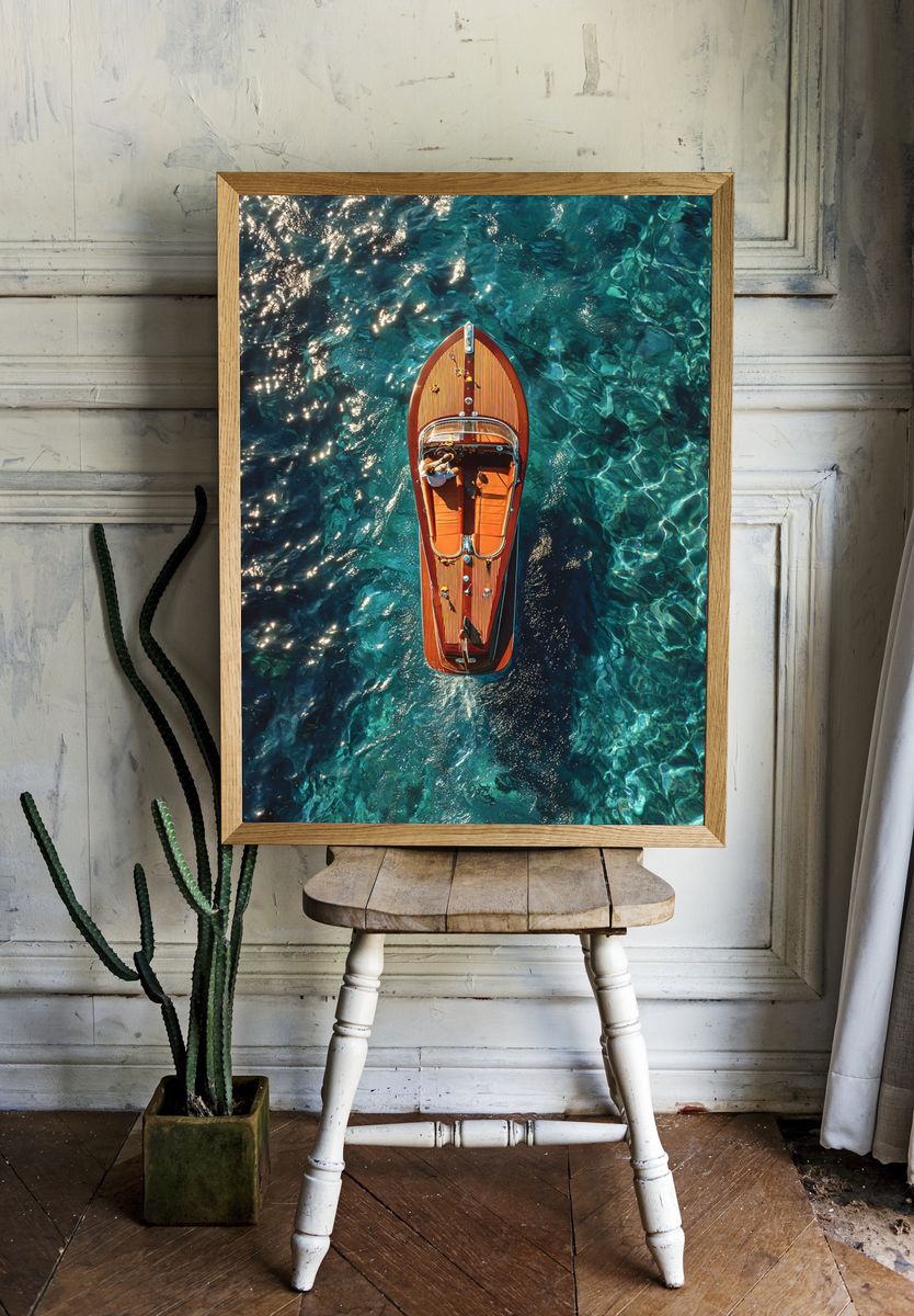 Luxury Boat on Crystal Clear Water — Photography Print. — room view 1