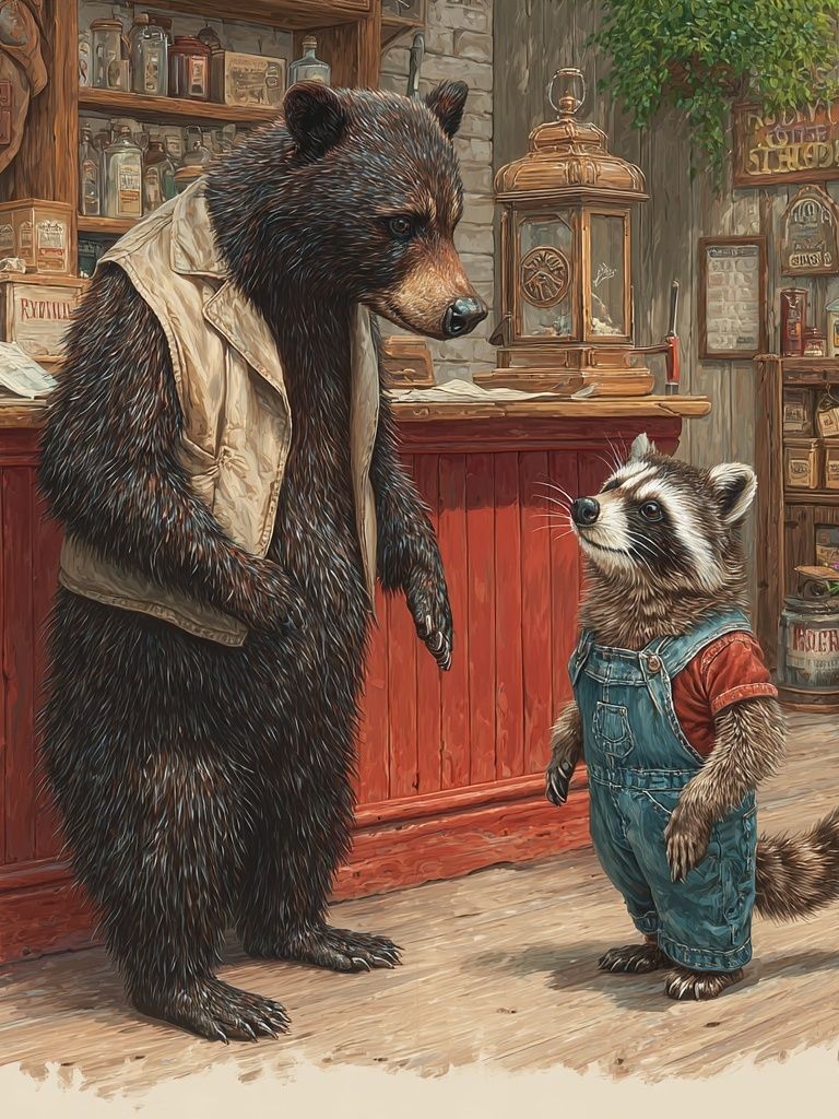 Bear and Raccoon — Illustration Print. poster — illustration art