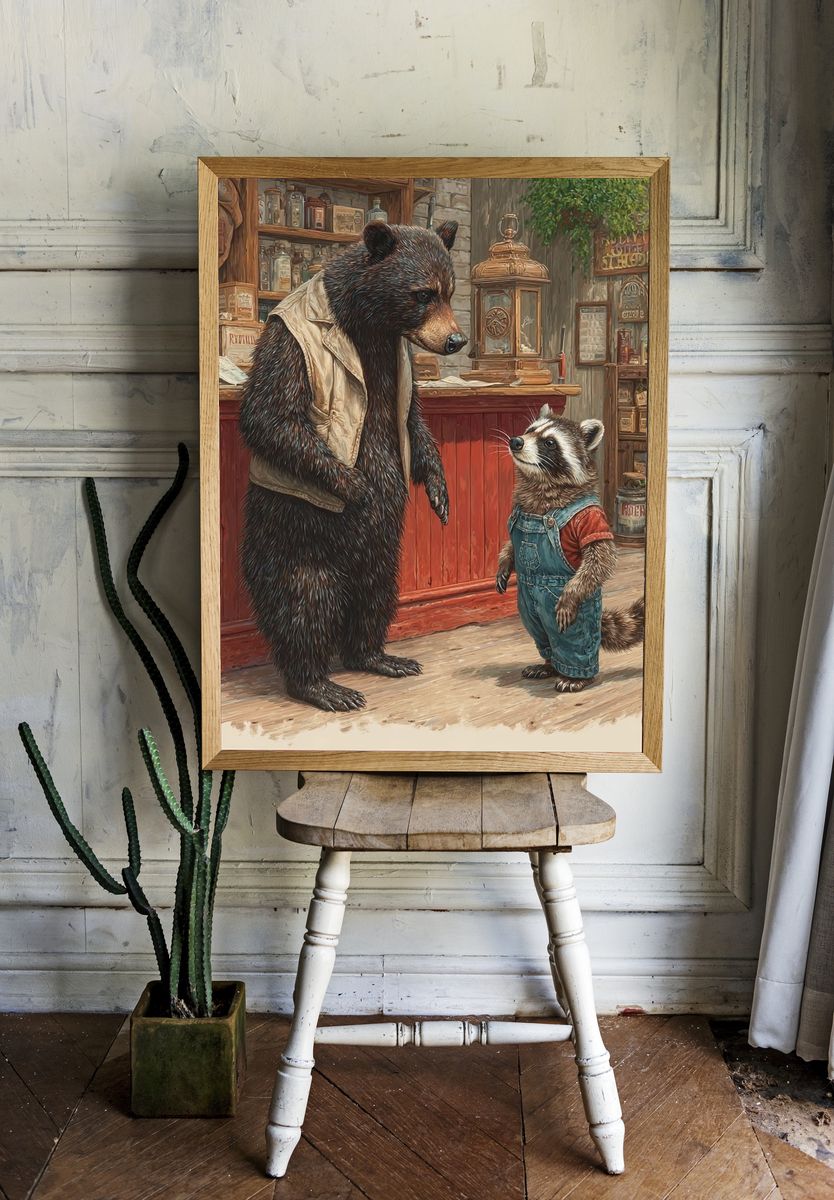 Bear and Raccoon — Illustration Print room preview