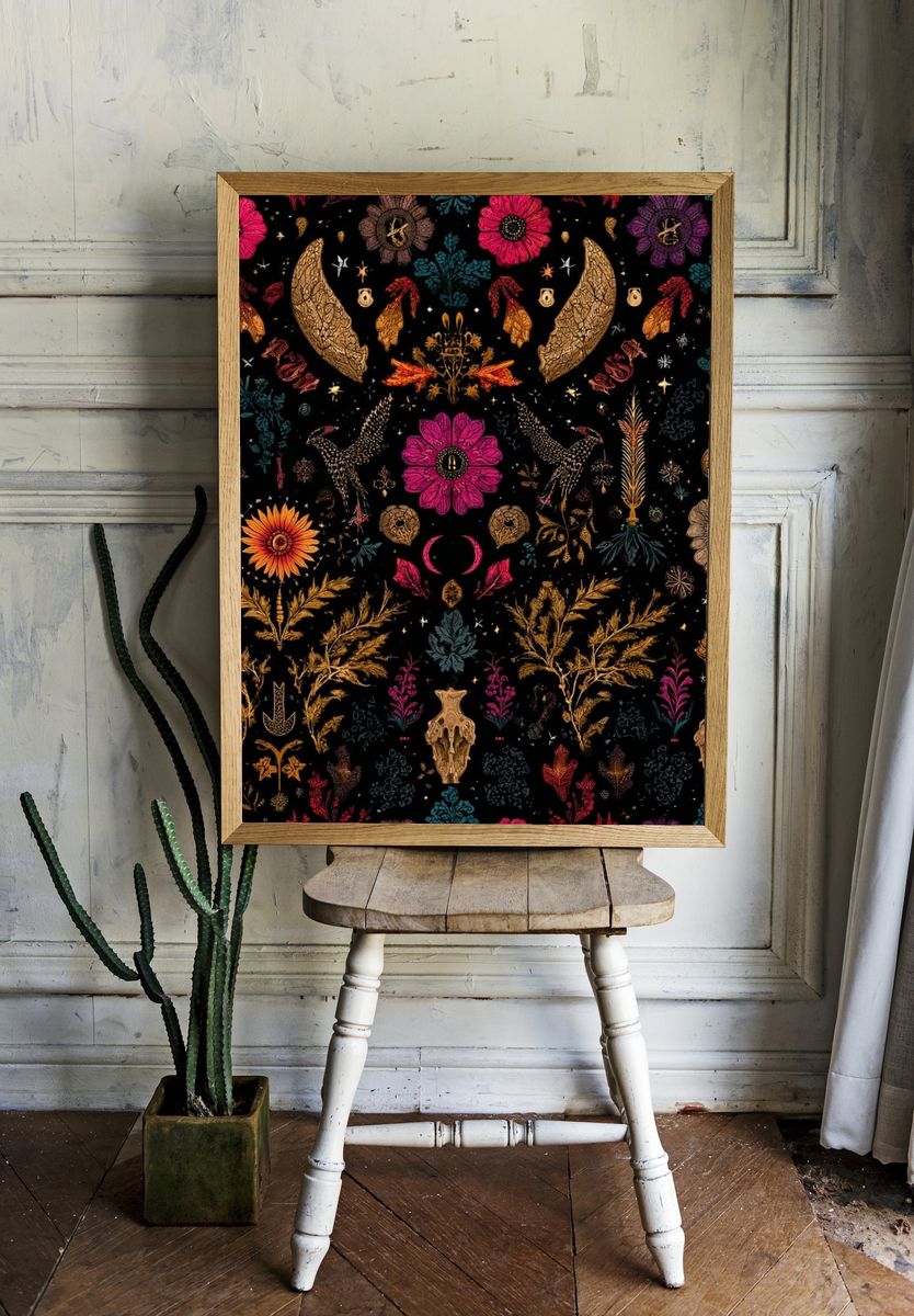 Botanical Skull Art — Illustration Print. room preview