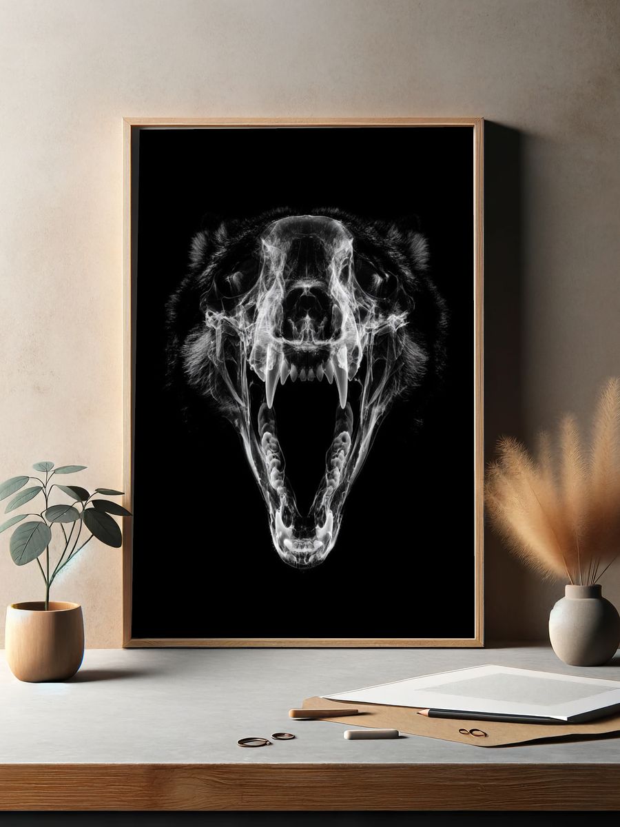 Roaring Bear Skull Black-White Poster. — room view 2