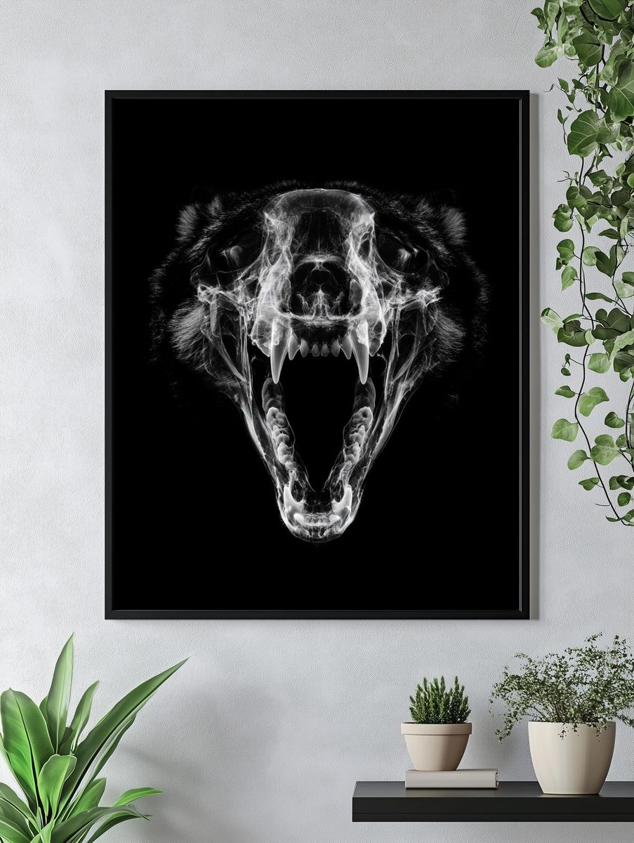 Roaring Bear Skull Black-White Poster. — room view 4