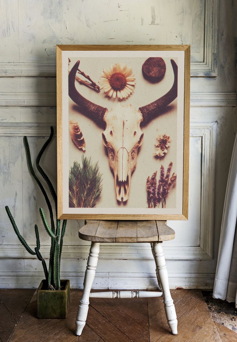 Bull Skull with Flowers — Bohemian Print. room preview