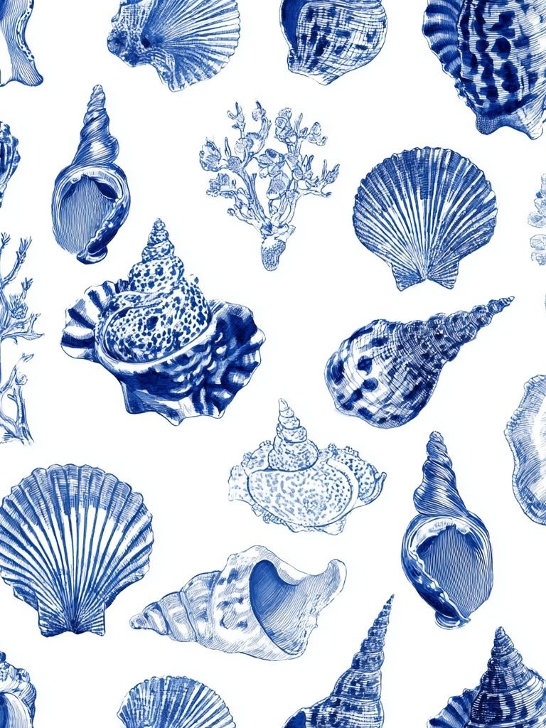 Blue Seashell Pattern Print. poster — botanical art