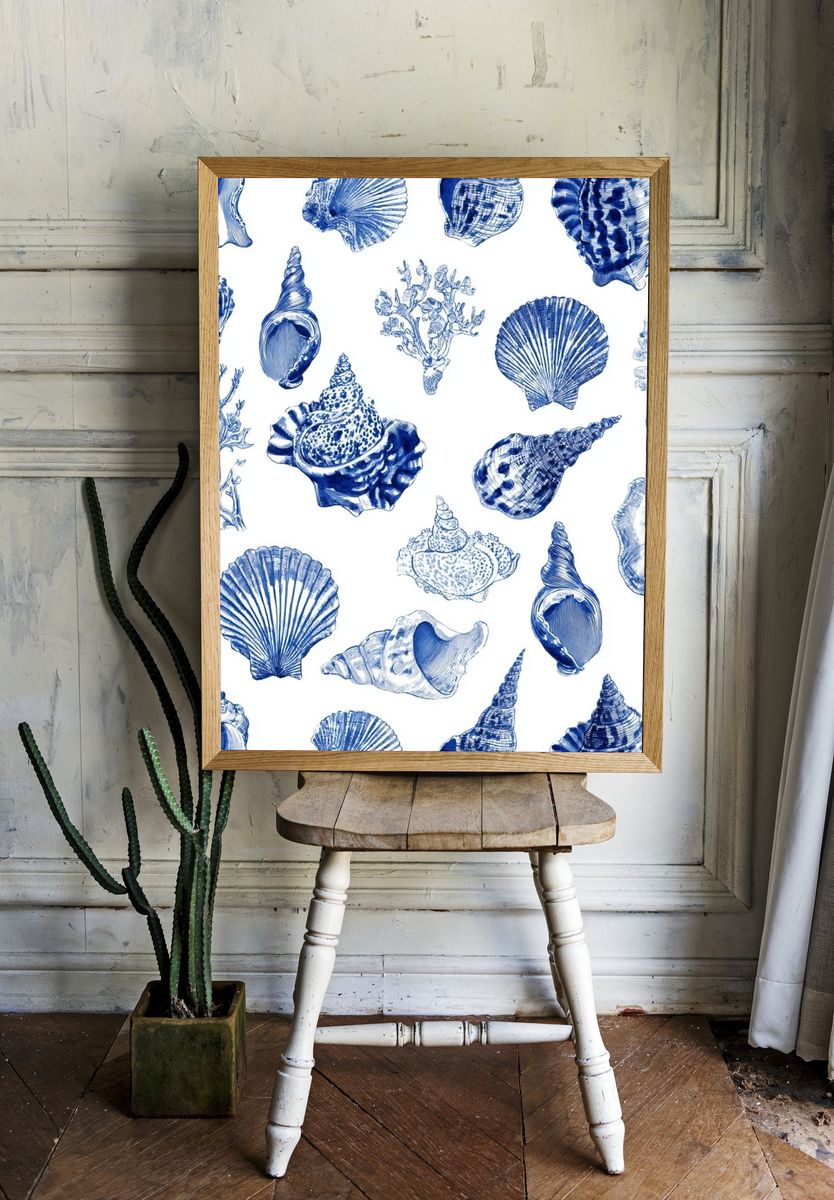 Blue Seashell Pattern Print. — room view 1