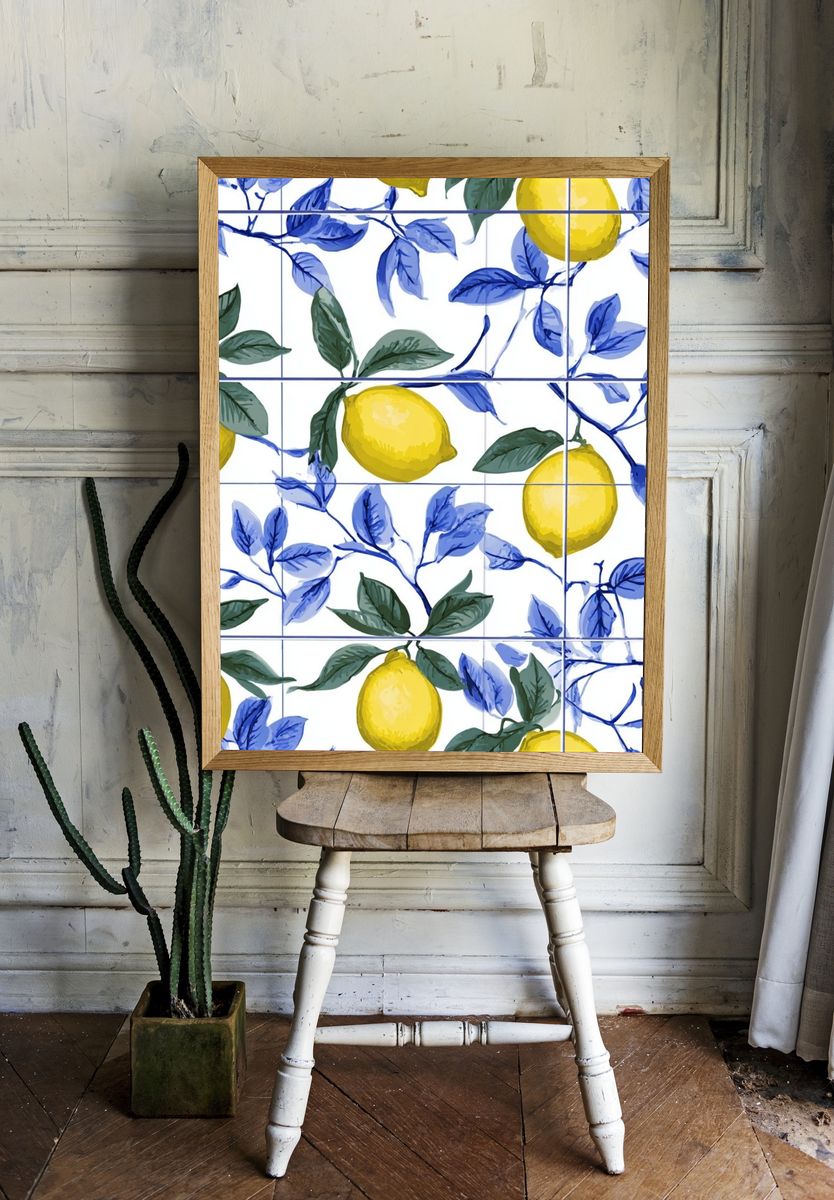 Lemon and Blue Leaves Botanical Poster room preview