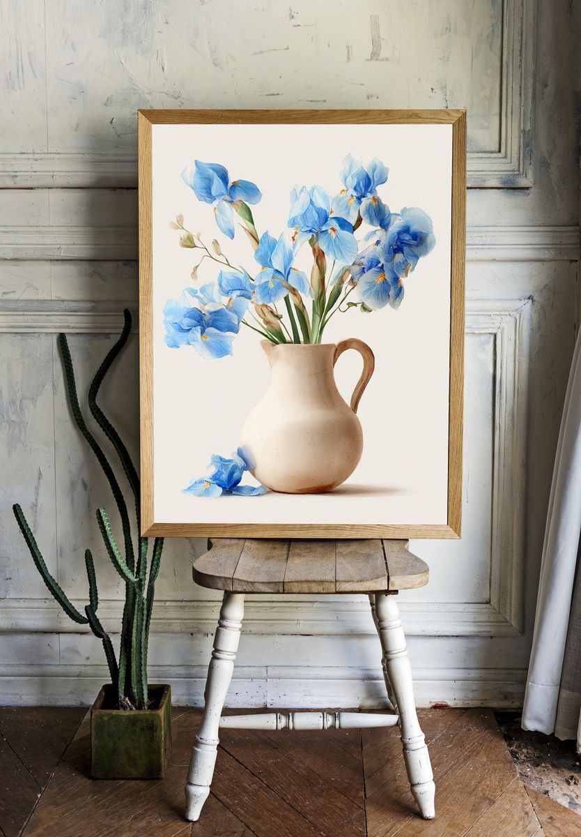 Blue Iris Vase Watercolor Print. room preview