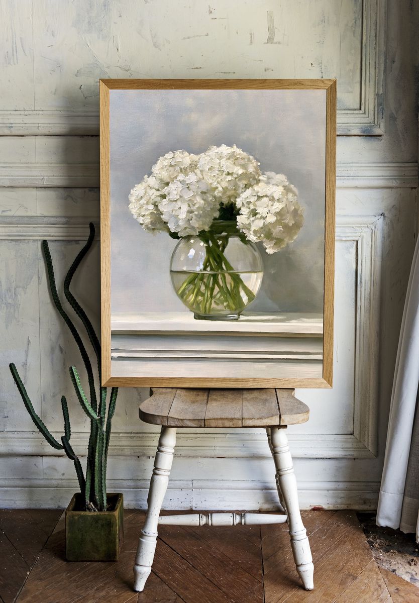 White Hydrangeas Still Life Poster. room preview