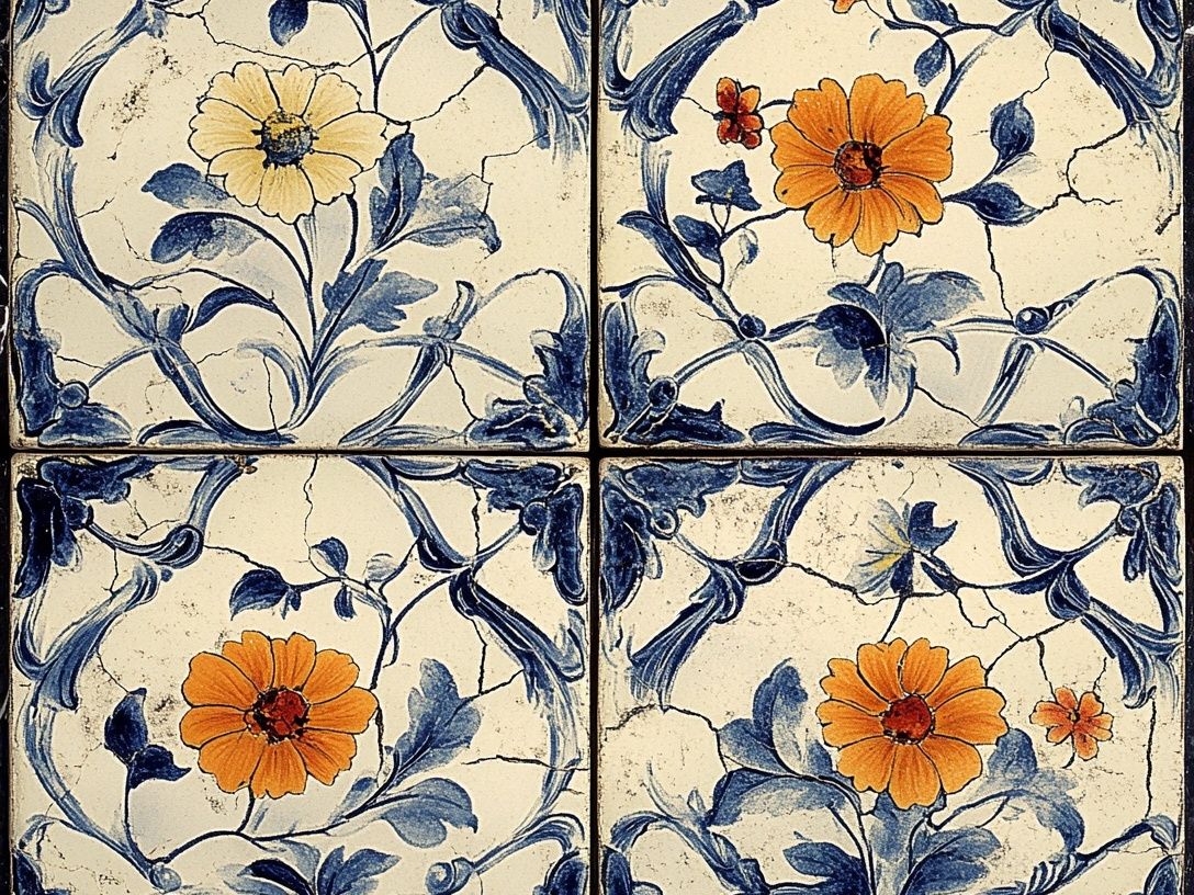 Blue Floral Tile Vintage Print. poster detail