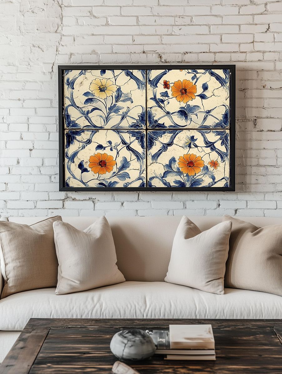 Blue Floral Tile Vintage Print. — room view 1