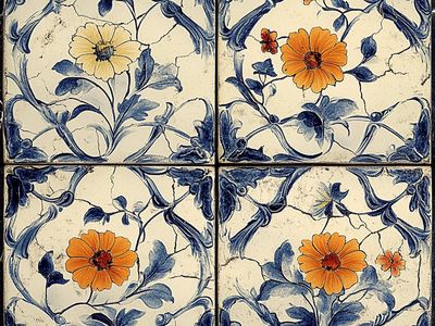 Blue Floral Tile Vintage Print. poster print