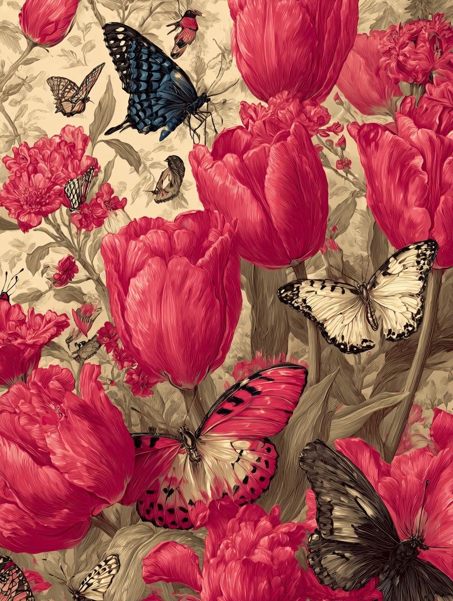 Butterflies and Tulips — Botanical Print. poster — botanical art
