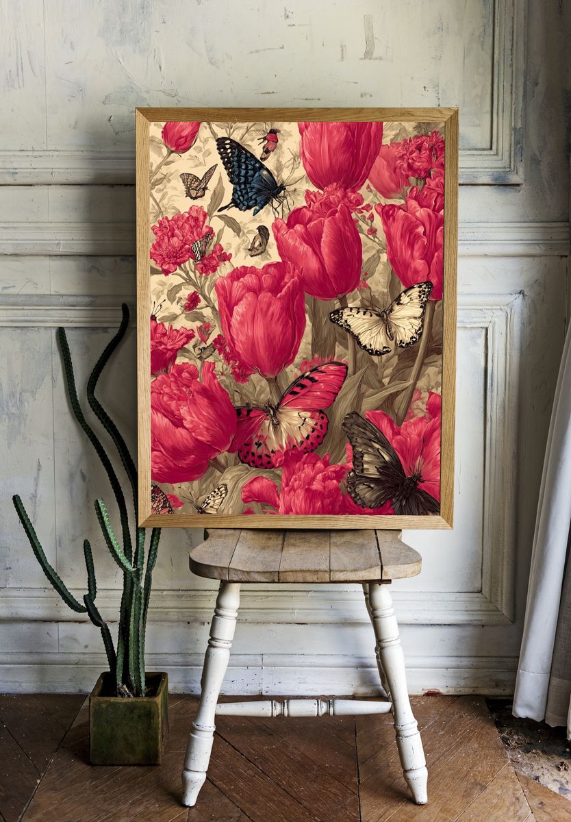 Butterflies and Tulips — Botanical Print. room preview