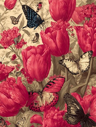 Butterflies and Tulips — Botanical Print. poster print
