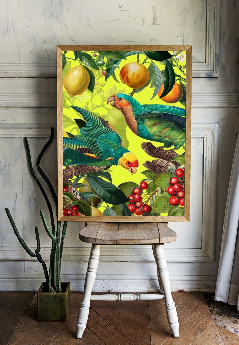 Tropical Parrots and Fruits — Botanical Print. — room view 1