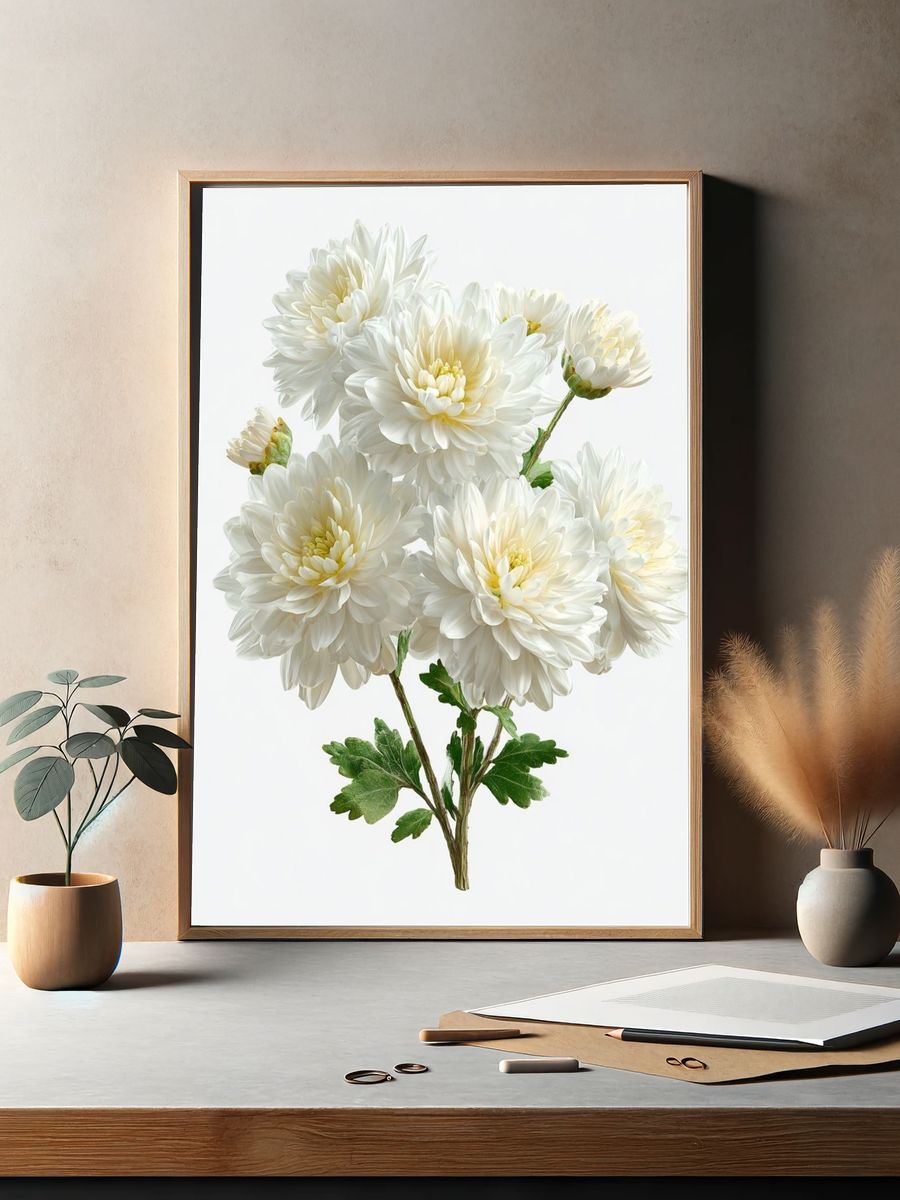White Chrysanthemum Botanical Poster. — room view 2