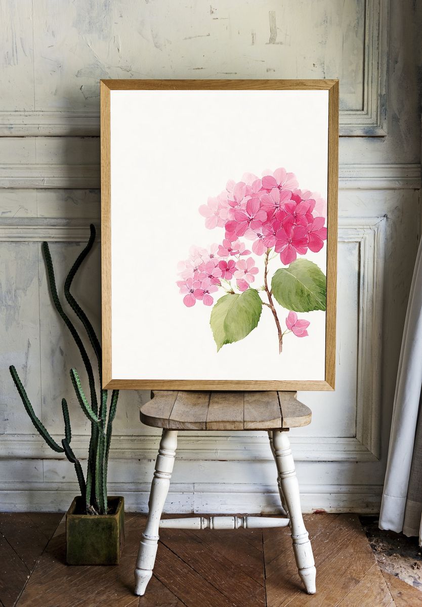 Pink Hydrangea — Watercolor Print. — room view 1