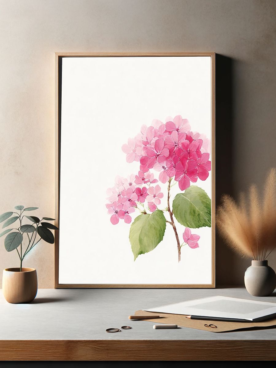 Pink Hydrangea — Watercolor Print. — room view 2
