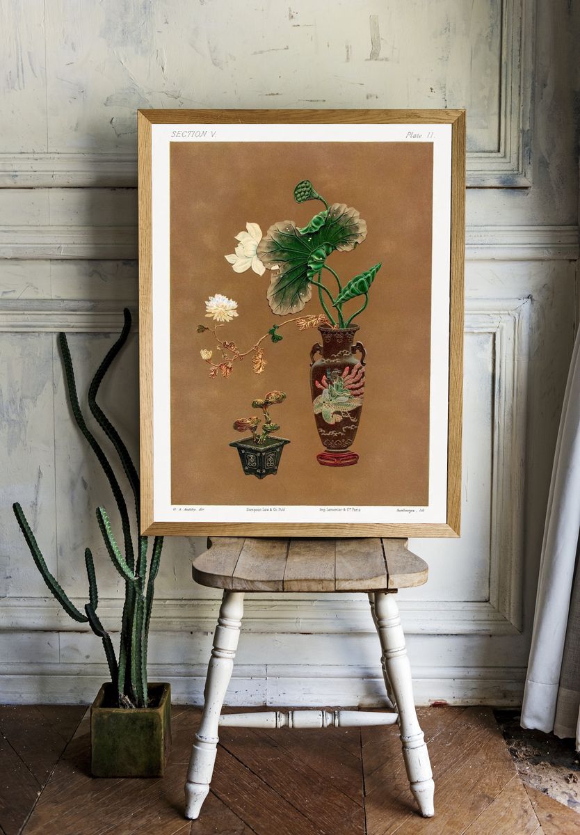 Lotus Flowers and Decorative Vases — Botanical Print. room preview