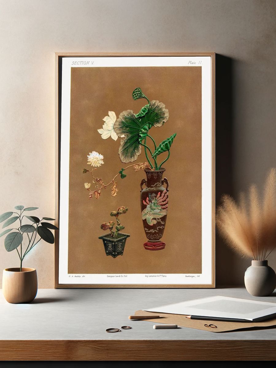Lotus Flowers and Decorative Vases — Botanical Print. — room view 2