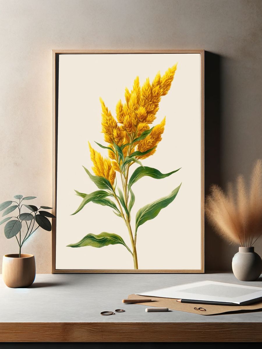Yellow Celosia Botanical Print. — room view 2
