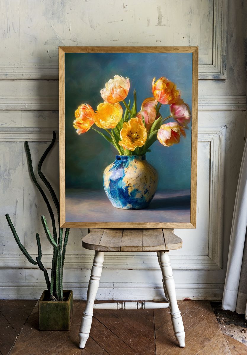 Tulips in Blue Vase — Fine Art Print. room preview