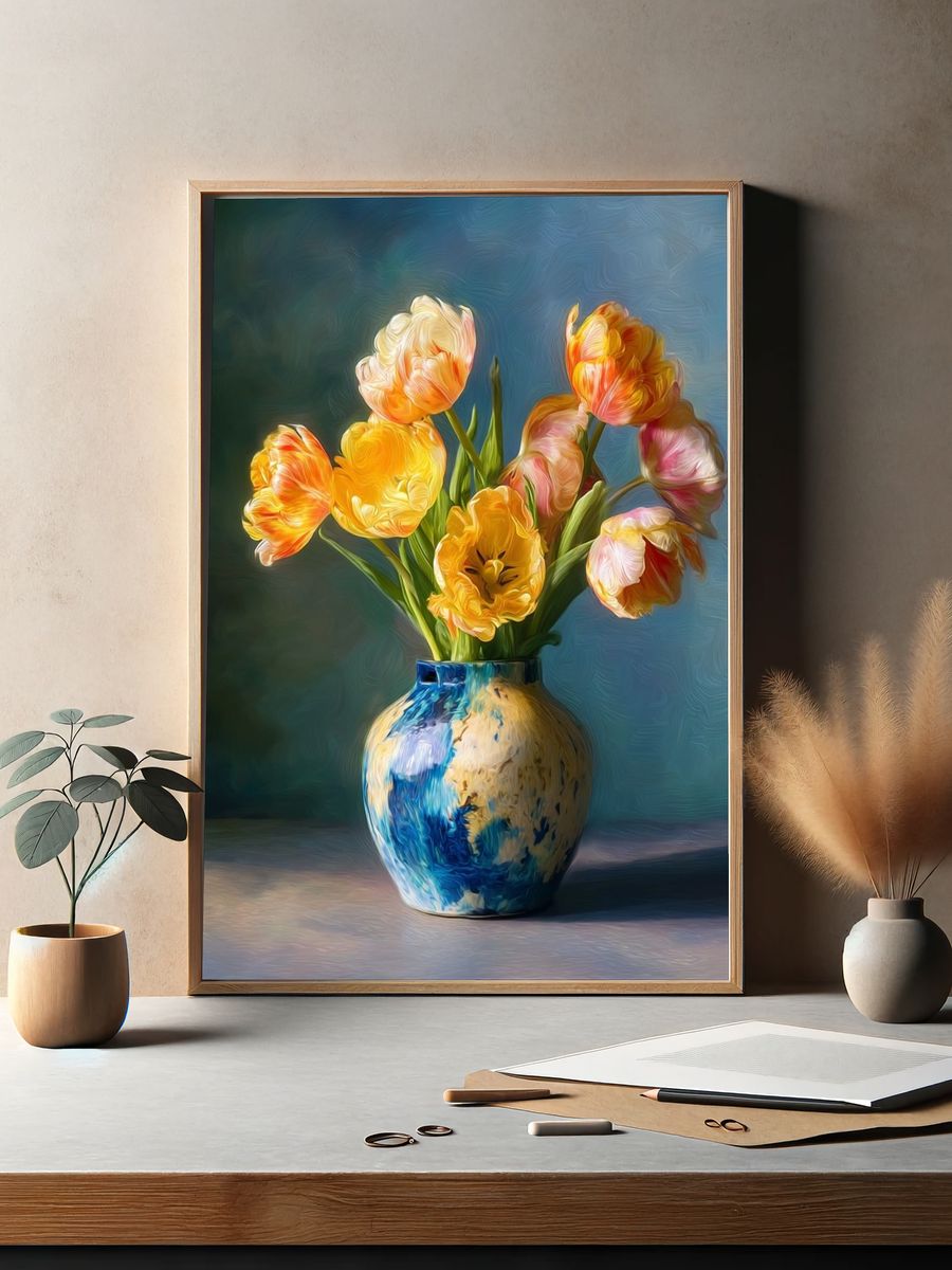 Tulips in Blue Vase — Fine Art Print. — room view 2