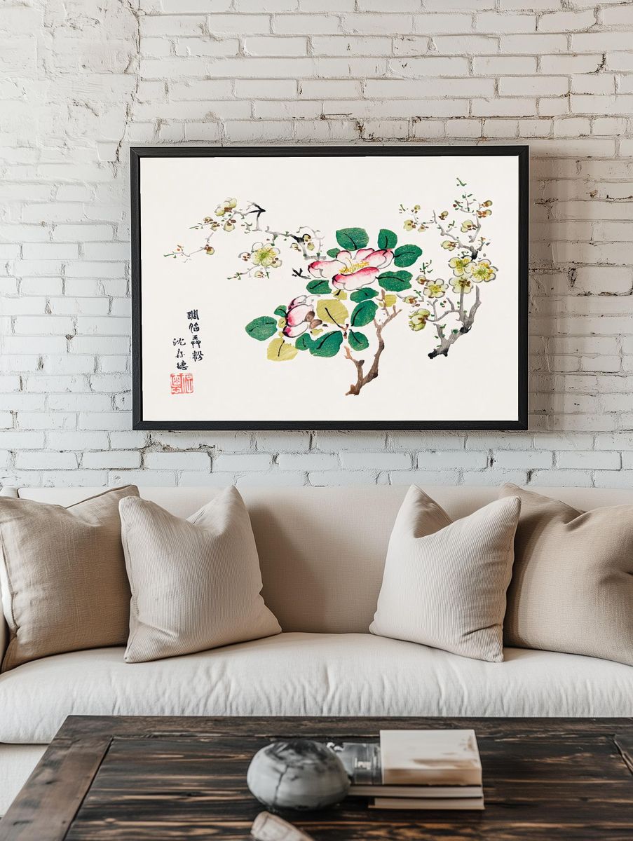 Cherry Blossom and Camellia — Botanical Print. room preview