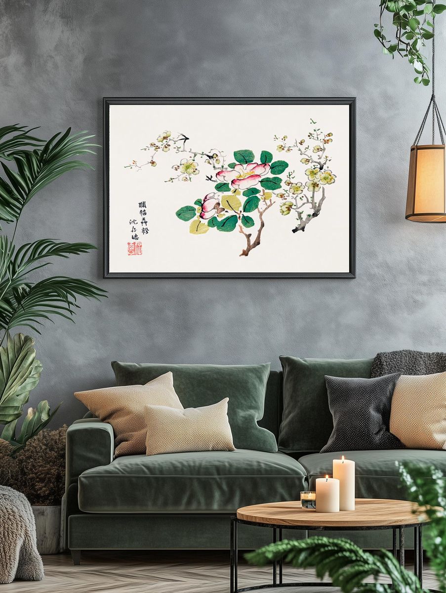Cherry Blossom and Camellia — Botanical Print. — room view 4