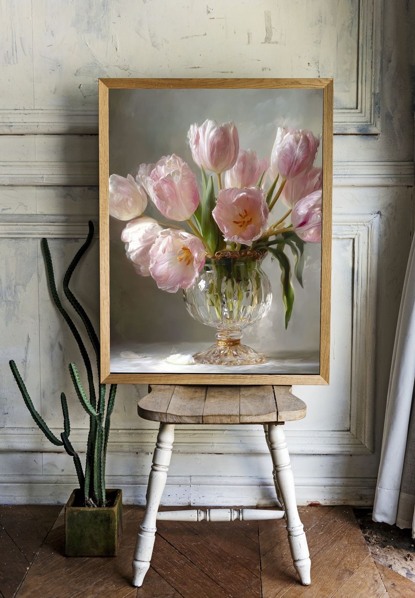 Pink Tulips in Crystal Vase — Botanical Print. — room view 1