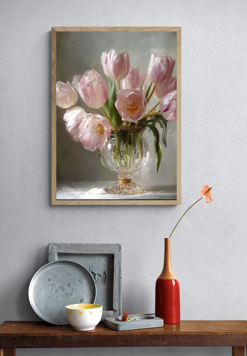 Pink Tulips in Crystal Vase — Botanical Print. — room view 3