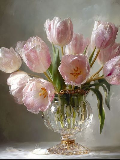 Pink Tulips in Crystal Vase — Botanical Print. poster print