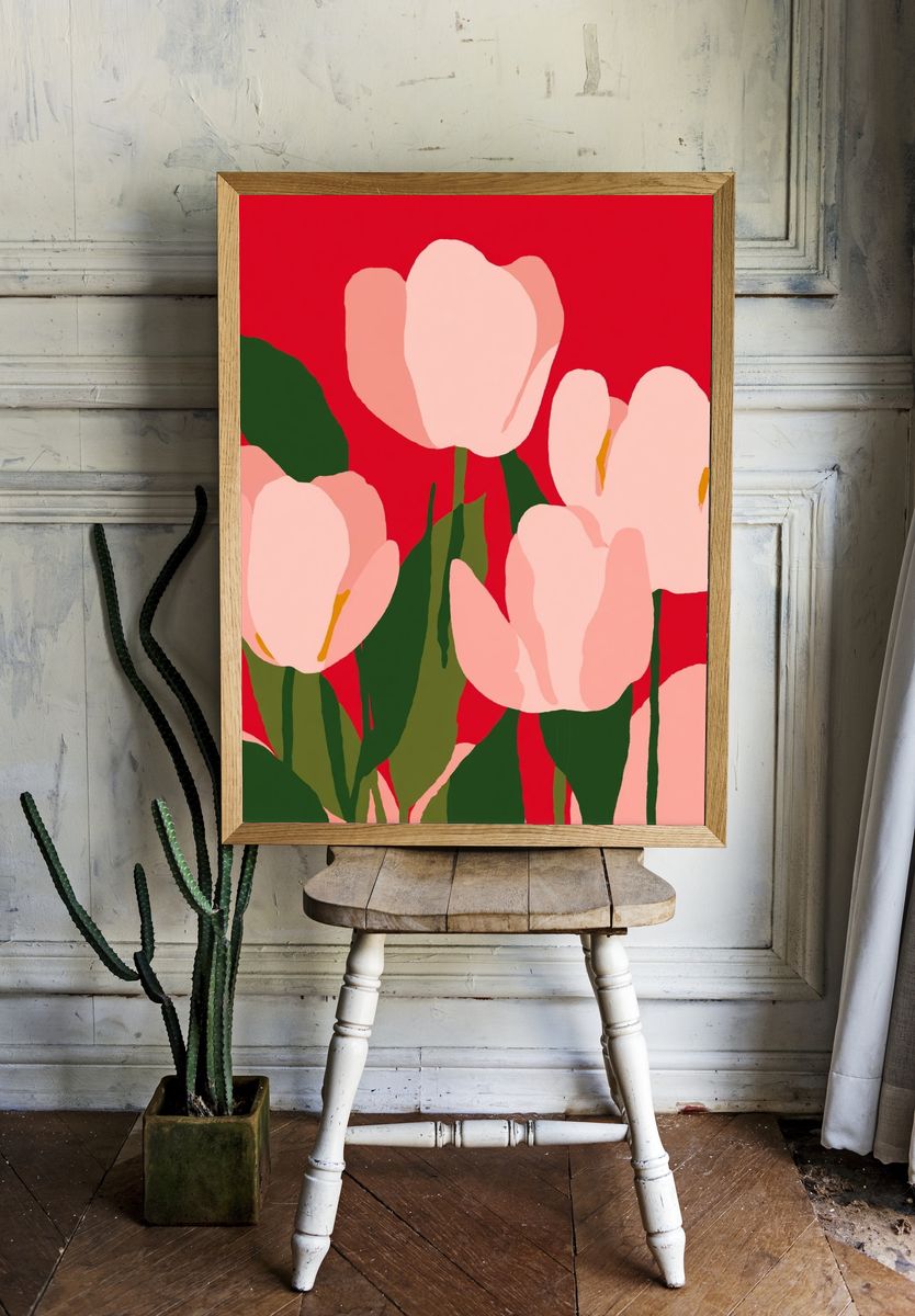 Pink Tulips on Red Background Poster room preview