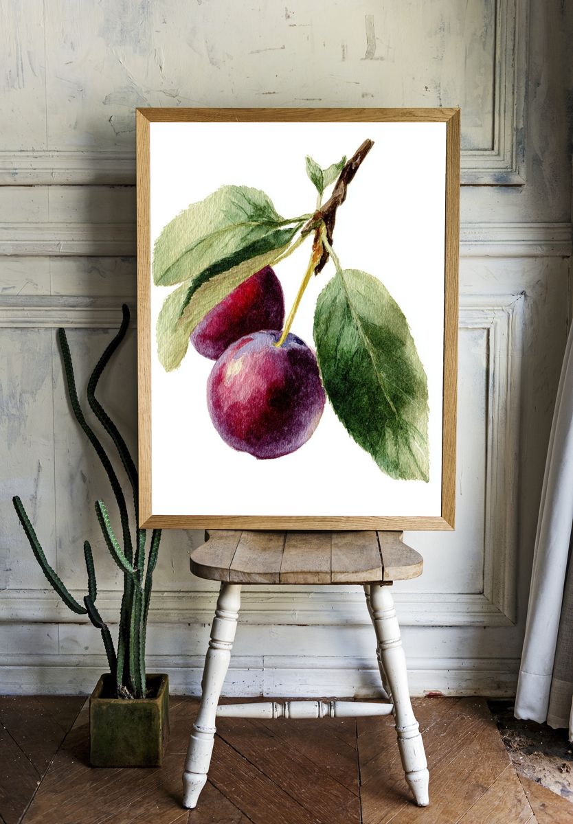 Plum and Leaves — Watercolor Print room preview