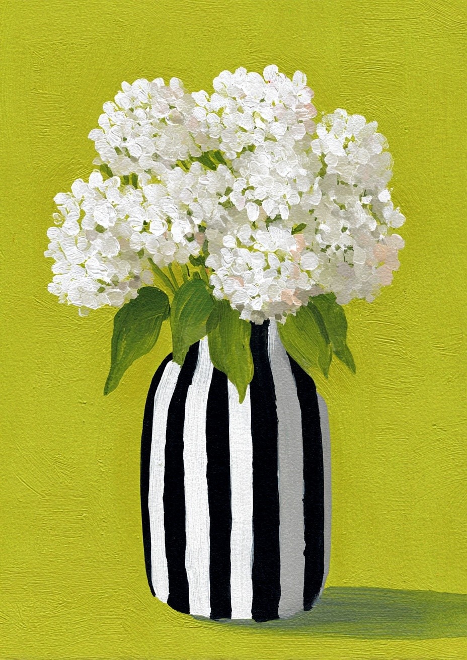 White Hydrangeas in Striped Vase — Botanical Print. poster — botanical art