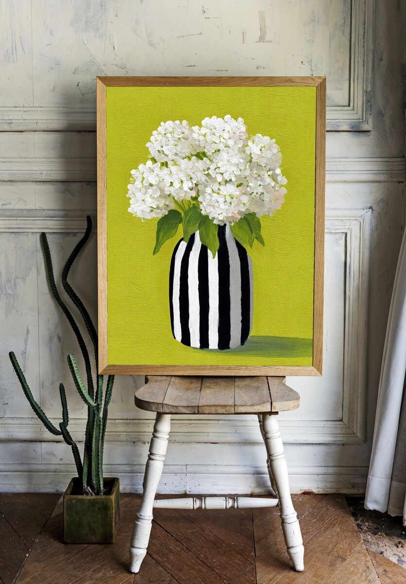 White Hydrangeas in Striped Vase — Botanical Print. — room view 1