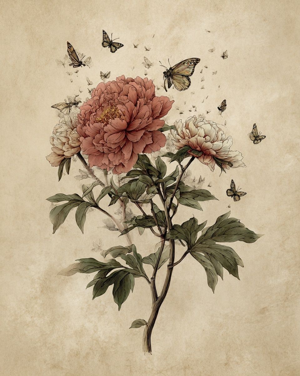 Peony and Butterflies — Botanical Print. poster — botanical art